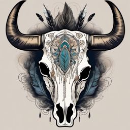 Cow skull with smoke and feathers ink: Ethereal elements, spiritual journey.  simple color tattoo style