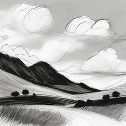 drawing of clouds above a landscape  minimal rough sketch scribbles,doodles,black and white