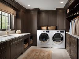 In the laundry room, Regency interior design includes refined cabinetry, stylish storage solutions, and an elegant aesthetic that transforms chores into a pleasant experience.  