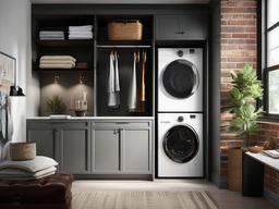 Urban Chic laundry room features practical fixtures, a mix of modern and vintage decor, and an efficient layout that maximizes style and function.  