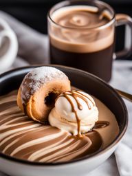 scoop of velvety coffee and donut ice cream, featuring chunks of glazed donut and a coffee swirl. 