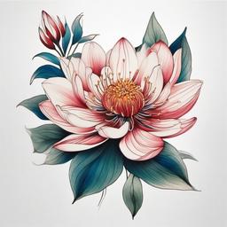 japanese water flower tattoo  simple color tattoo,white background,minimal