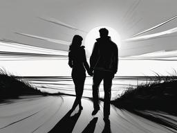 drawing of a couple at sunset  minimal rough sketch scribbles,doodles,black and white