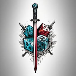 DnD Dice Sword Tattoo-Unique and creative tattoo featuring a Dungeons and Dragons-inspired design with dice and a sword.  simple color tattoo,white background