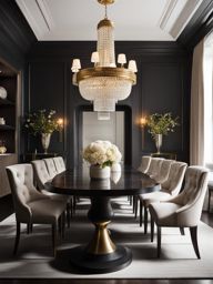 chic and luxurious dining room with a grand dining table and upholstered chairs. 