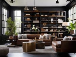 Industrial loft with Restoration Hardware leather sofa, West Elm concrete coffee table, and CB2 black steel shelving.  