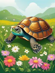 Happy Turtle - Surrounded by a meadow of blooming flowers, the happy turtle expresses pure contentment in its serene surroundings.  vector art, clipart, minimal