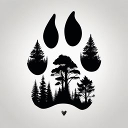 Paw with forest silhouette ink. Wildlife sanctuary.  minimal color tattoo design