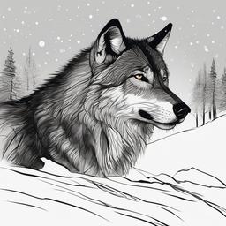 drawing of a wolf in winter wonderland  minimal rough sketch scribbles,doodles,black and white