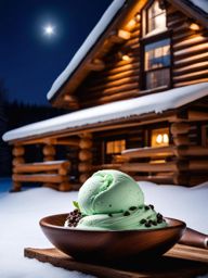 mint chocolate chip ice cream served in a cozy log cabin during a snowy winter night. 