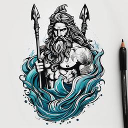 Greek God Poseidon Tattoo - Capture the power of the sea with a Poseidon tattoo, showcasing the trident-wielding Greek god of the oceans.  simple color tattoo, white background