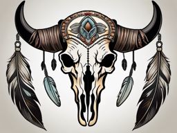 Buffalo skull with feathers  simple color tattoo style