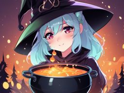 Kawaii anime witch with a bubbling cauldron.  front facing ,centered portrait shot, cute anime color style, pfp, full face visible