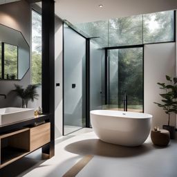 modern bathroom with a freestanding bathtub and a glass-enclosed shower. 