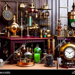 steampunk laboratory with brass gadgets and mechanical contraptions. 