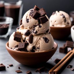 a scoop of velvety cookies and cream ice cream, loaded with chunks of chocolate cookies. 