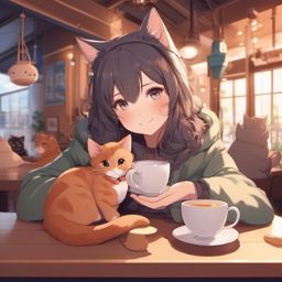 Adorable catgirl, in a cozy cat cafe, cuddling with friendly felines and sipping tea.  front facing ,centered portrait shot, cute anime color style, pfp, full face visible