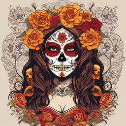 Create a detailed and vibrant Day of the Dead (Día de los Muertos) portrait featuring a female figure with a beautifully painted sugar skull face. Her face should have intricate patterns and floral designs in red, orange, and yellow tones, with dark, flowing hair. Surround her head with lush, blooming marigolds, roses, and other flowers in rich autumnal hues such as deep reds, oranges, and yellows. The flowers should cascade into her hair, blending seamlessly with her flowing locks. The design should have an expressive and mystical feel, with detailed highlights on the skull face and the flowers. The background should be simple or dark to make the central figure and vibrant colors stand out, creating a stunning contrast. The style should evoke the traditional Mexican Day of the Dead art with modern flair, suitable for apparel or posters.  colors,professional t shirt vector design, white background