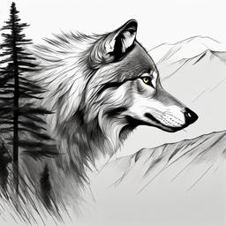 drawing of a wolf in mountaintop  minimal rough sketch scribbles,doodles,black and white