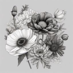 Black and white Poppy, Daisy, chrysanthemum bouquet draw in pencil style