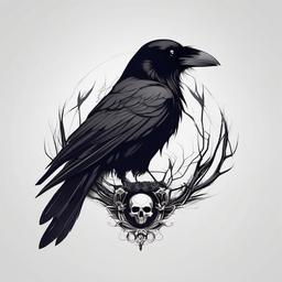 Raven And Skull Tattoos - Raven with skull design  minimalist tattoo design, white background