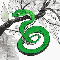 drawing of a green tree snake in a rainforest  minimal rough sketch scribbles,doodles,black and white