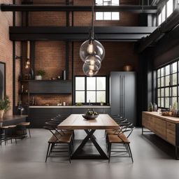 industrial loft dining room with metal accents and an open layout. 