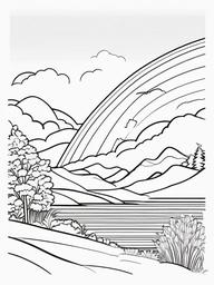 Rainbow Coloring Page - Rainbow alongside a cheerful landscape.  easy,simple,minimal,coloring pages,black and white outline