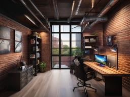 Industrial gamer room incorporates metal shelving, a wooden desk, and exposed brick walls, giving it a trendy urban vibe that enhances the gaming experience.  