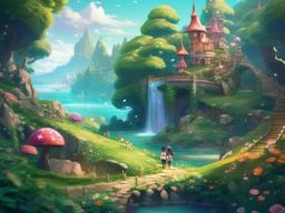 Whimsical Fantasy Land with Anime Characters Cute Anime Backgrounds intricate details, patterns, wallpaper photo