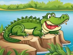 Crocodile Cartoon - Cartoon of crocodile sunning on riverbank  