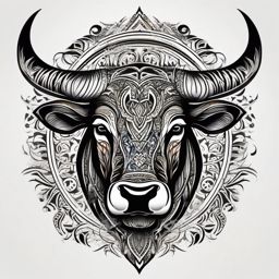 Bull with tribal patterns tattoo. Cultural symbols of enduring power.  color tattoo design, white background