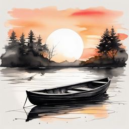 Rowboat under a sunset ink. Tranquil watercolor scene.  minimalist black white tattoo style