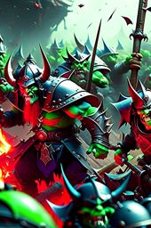 goblin horde vs orc warband - fantasy hordes meet on a chaotic battlefield, axes and clubs swinging. 