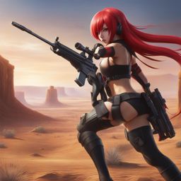 yoko littner takes aim with her high-caliber rifle against an alien threat in a desert wasteland. 