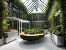 The greenhouse showcases futuristic interior design with innovative plant systems, high-tech features, and sleek decor that create an elegant environment for gardening and plant care.  