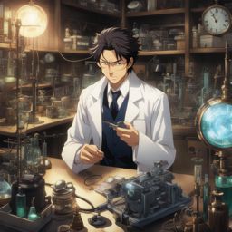 rintarou okabe experiments with time travel gadgets in a cluttered laboratory. 