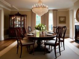 Georgian dining room showcases classic wooden furniture, simple table settings, and warm lighting that invites family and friends to gather.  