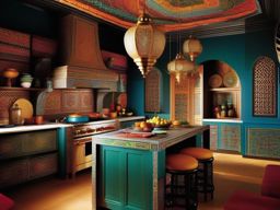 Exotic Moroccan Culinary Space - Embrace exotic Moroccan design elements in your kitchen. , kitchen layout design ideas, multicoloured, photo realistic, hyper detail, high resolution,