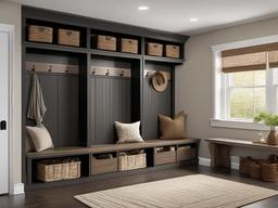 Modern Rustic mudroom combines sleek furniture with rustic wood accents and warm textiles, creating a stylish yet inviting entry retreat.  