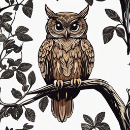 Owl Sticker - A wise owl perched on a tree branch. ,vector color sticker art,minimal