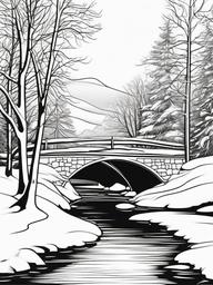 Snow-Covered Bridge Coloring Pages - Beautiful Bridges in Snowy Scenery  minimal black outline printable sheet, coloring page