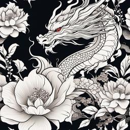 Japanese Dragon Flower Tattoo - Dragon and flowers in Japanese tattoo style.  simple color tattoo,white background,minimal