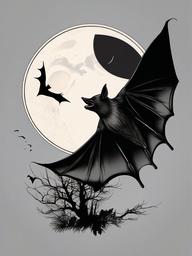 Bat and Moon Tattoo-Mystical and nocturnal scene featuring a bat against the backdrop of a moon.  simple color tattoo,white background