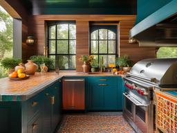 In the outdoor kitchen, maximalist interior design showcases colorful tiles, unique outdoor appliances, and bold decor that elevate cooking and entertaining experiences under the sun.  