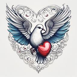 Dove Heart Tattoo-Whimsical and artistic tattoo featuring a dove and a heart, capturing themes of love and peace.  simple color tattoo,white background
