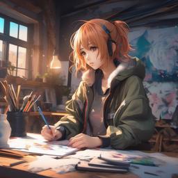 Anime artist sketching in a studio filled with creative chaos.  front facing ,centered portrait shot, cute anime color style, pfp, full face visible