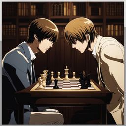 light yagami and l face off in a high-stakes mental chess match in a dimly lit room. 