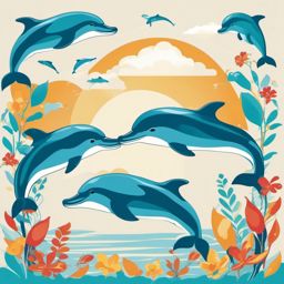 Dolphin Playtime Clip Art - Dolphins playing and leaping together,  color vector clipart, minimal style