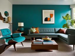 Mid-century modern living room with Herman Miller Eames lounge chair, West Elm walnut coffee table, and Knoll fabric sofa in bold teal.  